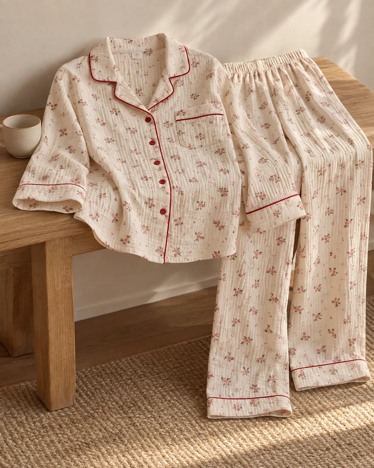 The Cherish Company — Four-Print Piped Muslin Pajamas in Red Flower