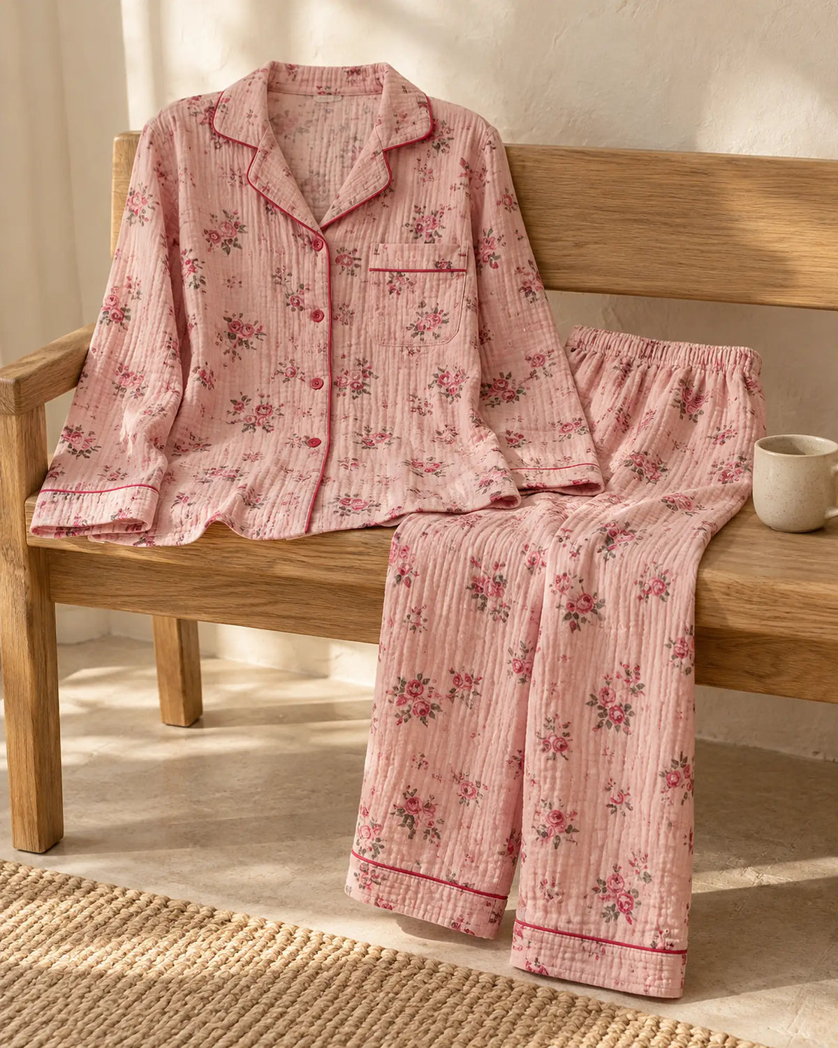 The Cherish Company — Four-Print Piped Muslin Pajamas in Pink Flora