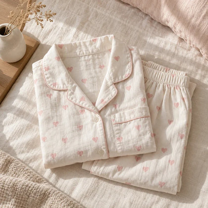 The Cherish Company — Oversized Cotton Pajamas with Heart Print in White