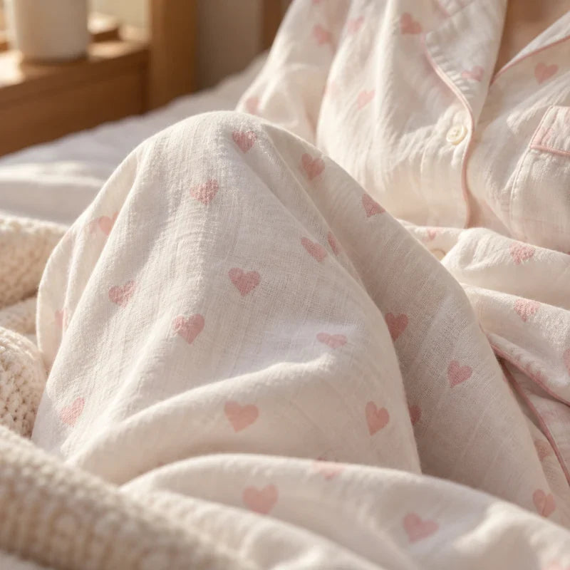 The Cherish Company — Oversized Cotton Pajamas with Heart Print in White
