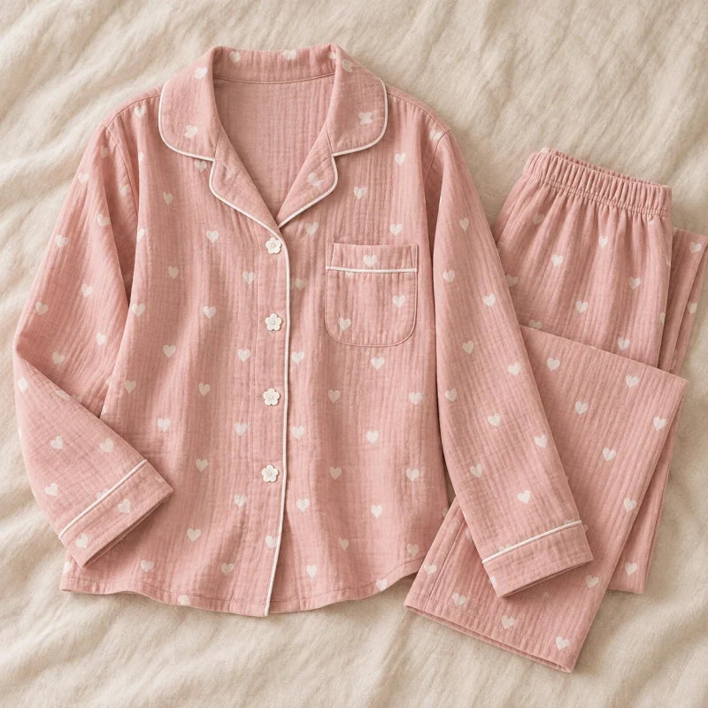 The Cherish Company — Oversized Cotton Pajamas with Heart Print in Pink