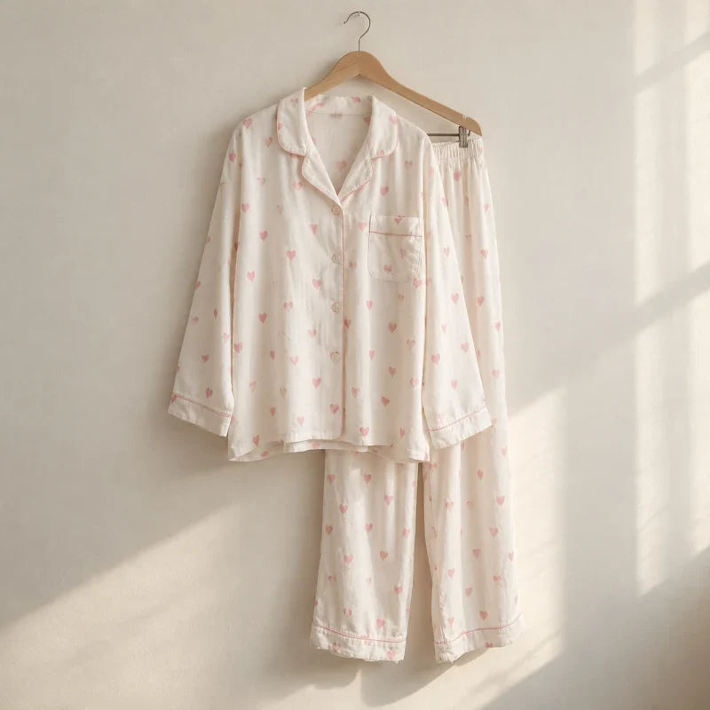 The Cherish Company — Oversized Cotton Pajamas with Heart Print in White