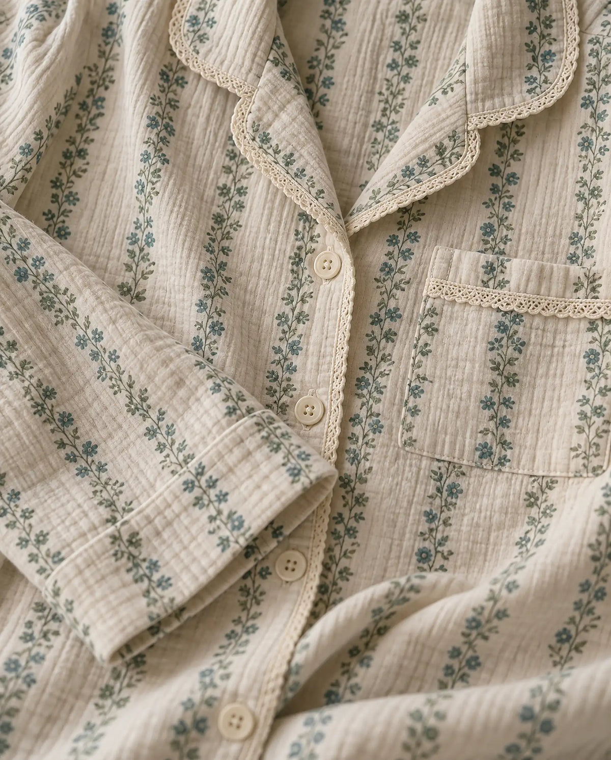 The Cherish Company — Baggy Muslin Pajamas in Two Prints in Meadow Lace