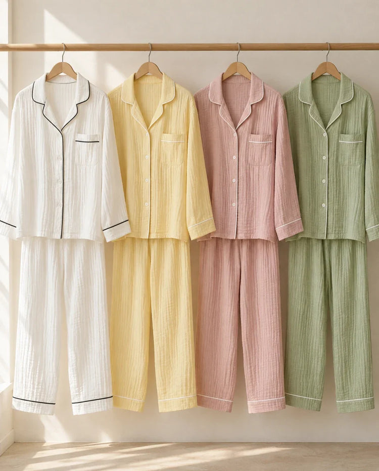 The Cherish Company — Full-Length Muslin Pajama Set with Long Sleeves in White, Yellow, Pink, Lime Green