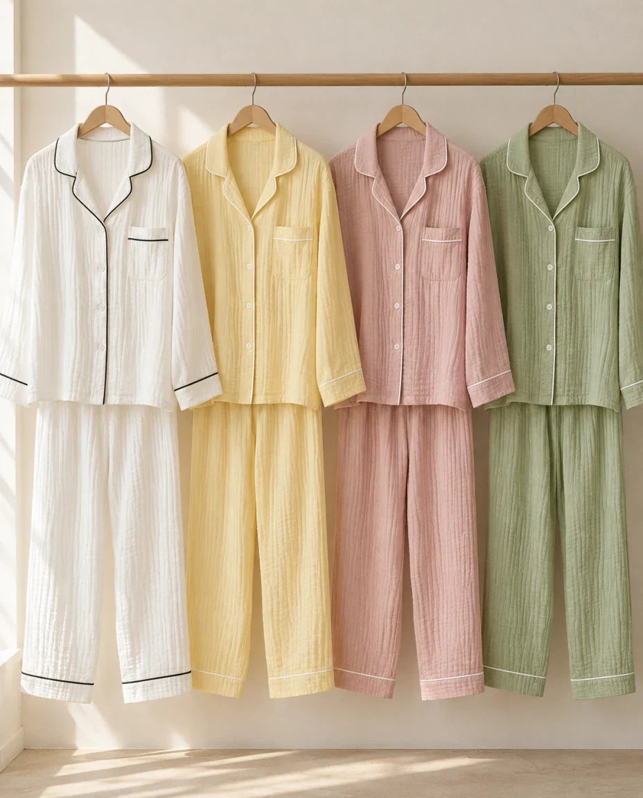 The Cherish Company — Full-Length Muslin Pajama Set with Long Sleeves in White, Yellow, Pink, Lime Green