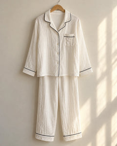 The Cherish Company — Full-Length Muslin Pajama Set with Long Sleeves in White