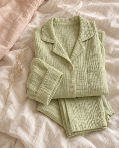 The Cherish Company — Full-Length Muslin Pajama Set with Long Sleeves in Lime Green