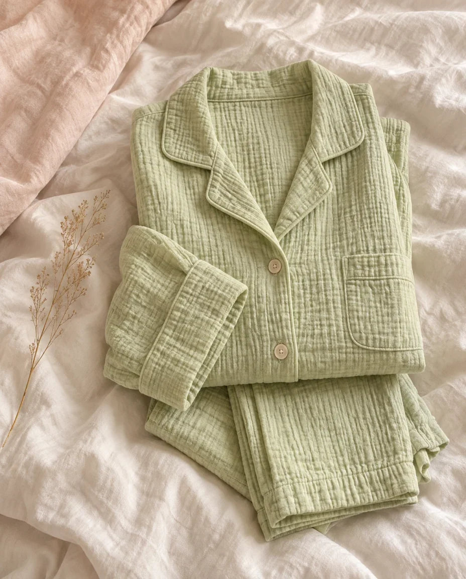 The Cherish Company — Full-Length Muslin Pajama Set with Long Sleeves in Lime Green