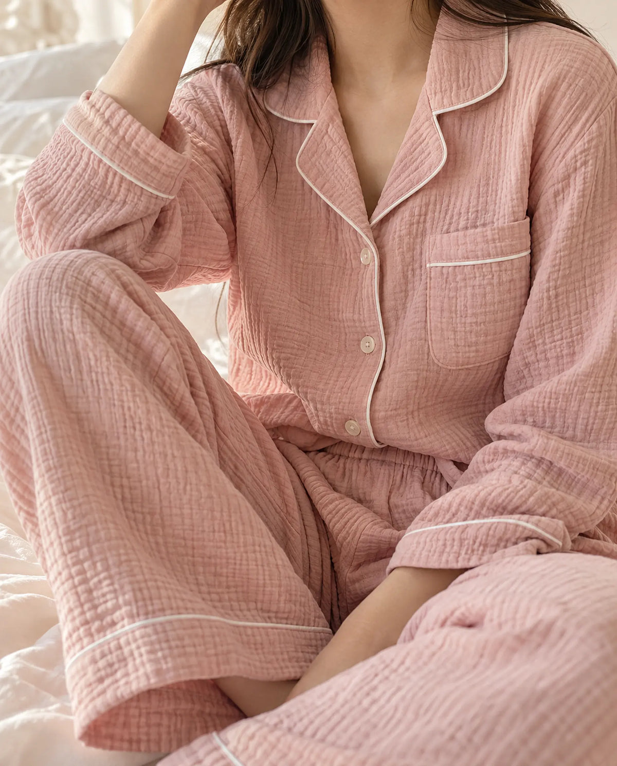 The Cherish Company — Full-Length Muslin Pajama Set with Long Sleeves in Pink