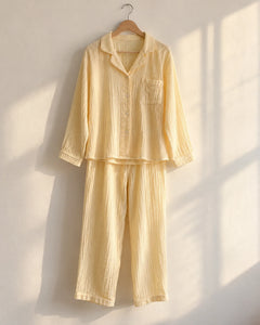 The Cherish Company — Full-Length Muslin Pajama Set with Long Sleeves in Yellow