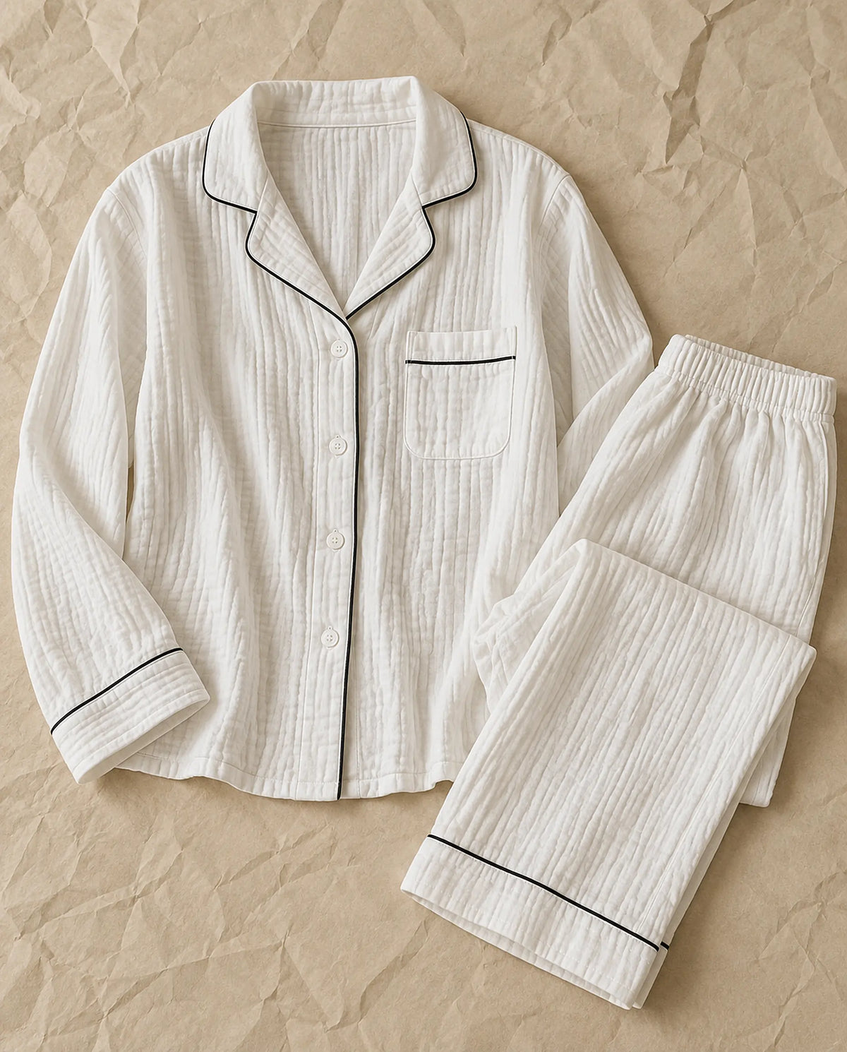 The Cherish Company — Full-Length Muslin Pajama Set with Long Sleeves in White
