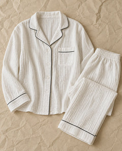 The Cherish Company — Full-Length Muslin Pajama Set with Long Sleeves in White
