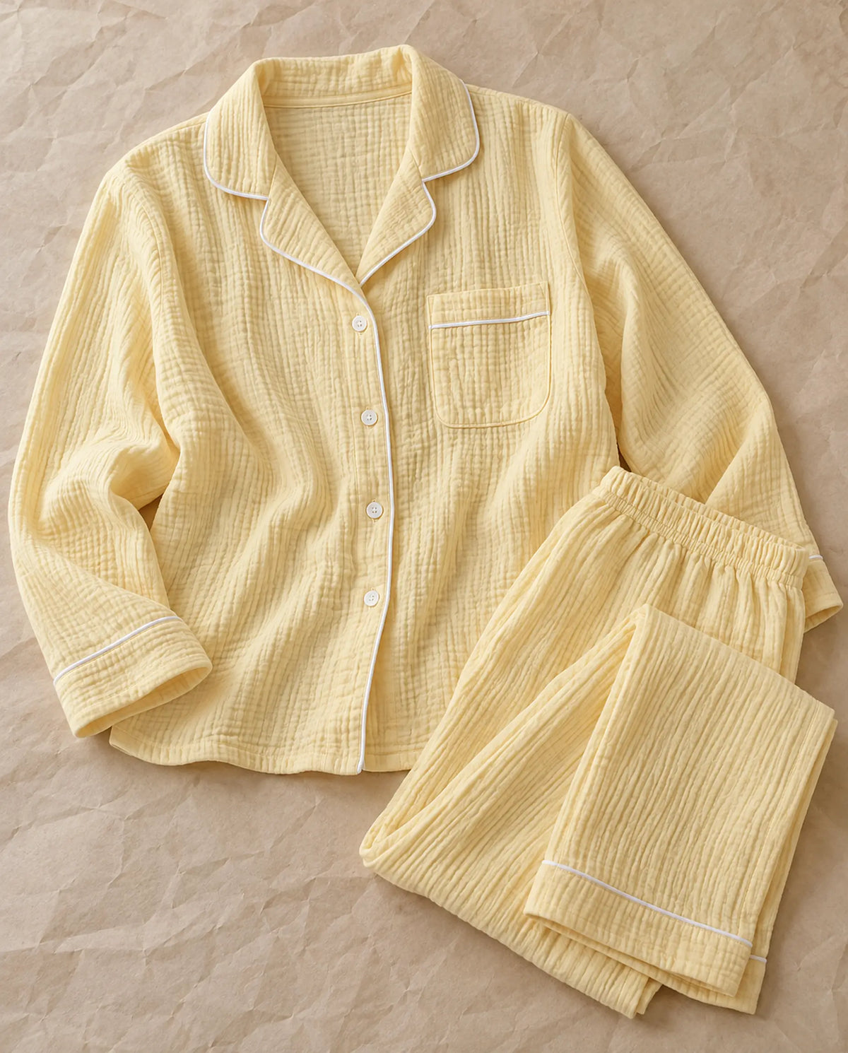 The Cherish Company — Full-Length Muslin Pajama Set with Long Sleeves in Yellow