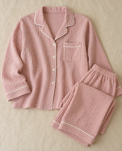 The Cherish Company — Full-Length Muslin Pajama Set with Long Sleeves in Pink