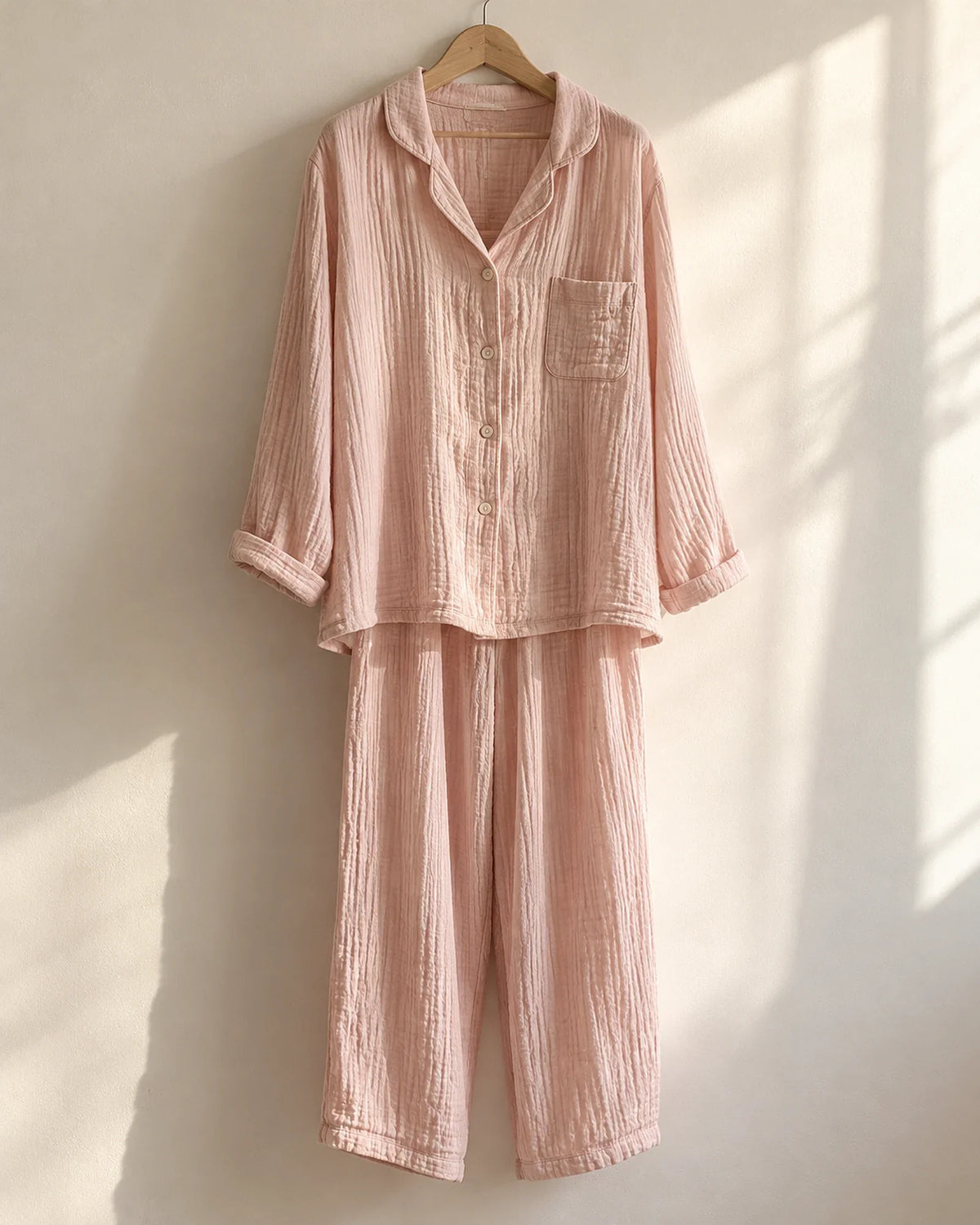 The Cherish Company — Full-Length Muslin Pajama Set with Long Sleeves in Pink