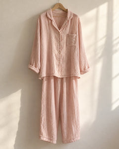 The Cherish Company — Full-Length Muslin Pajama Set with Long Sleeves in Pink