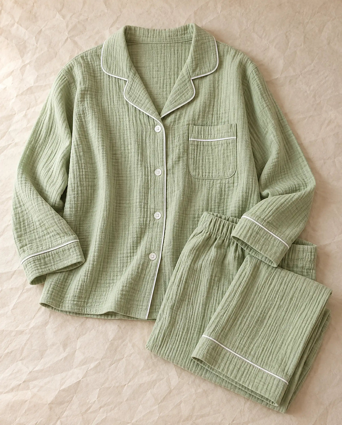 The Cherish Company — Full-Length Muslin Pajama Set with Long Sleeves in Lime Green