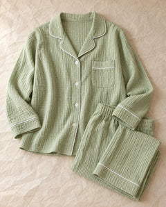 The Cherish Company — Full-Length Muslin Pajama Set with Long Sleeves in Lime Green