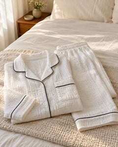 The Cherish Company — Full-Length Muslin Pajama Set with Long Sleeves in White