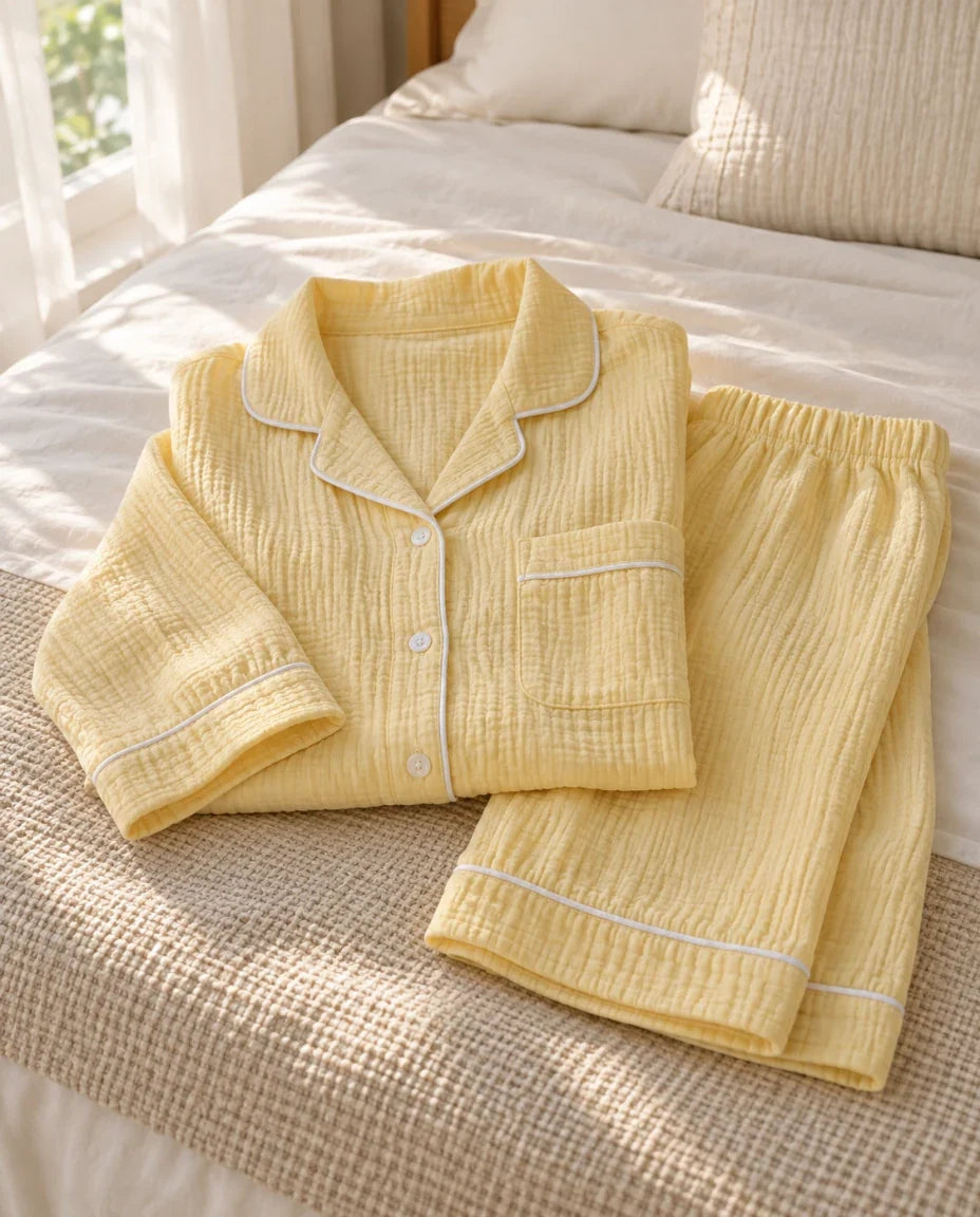 The Cherish Company — Full-Length Muslin Pajama Set with Long Sleeves in Yellow