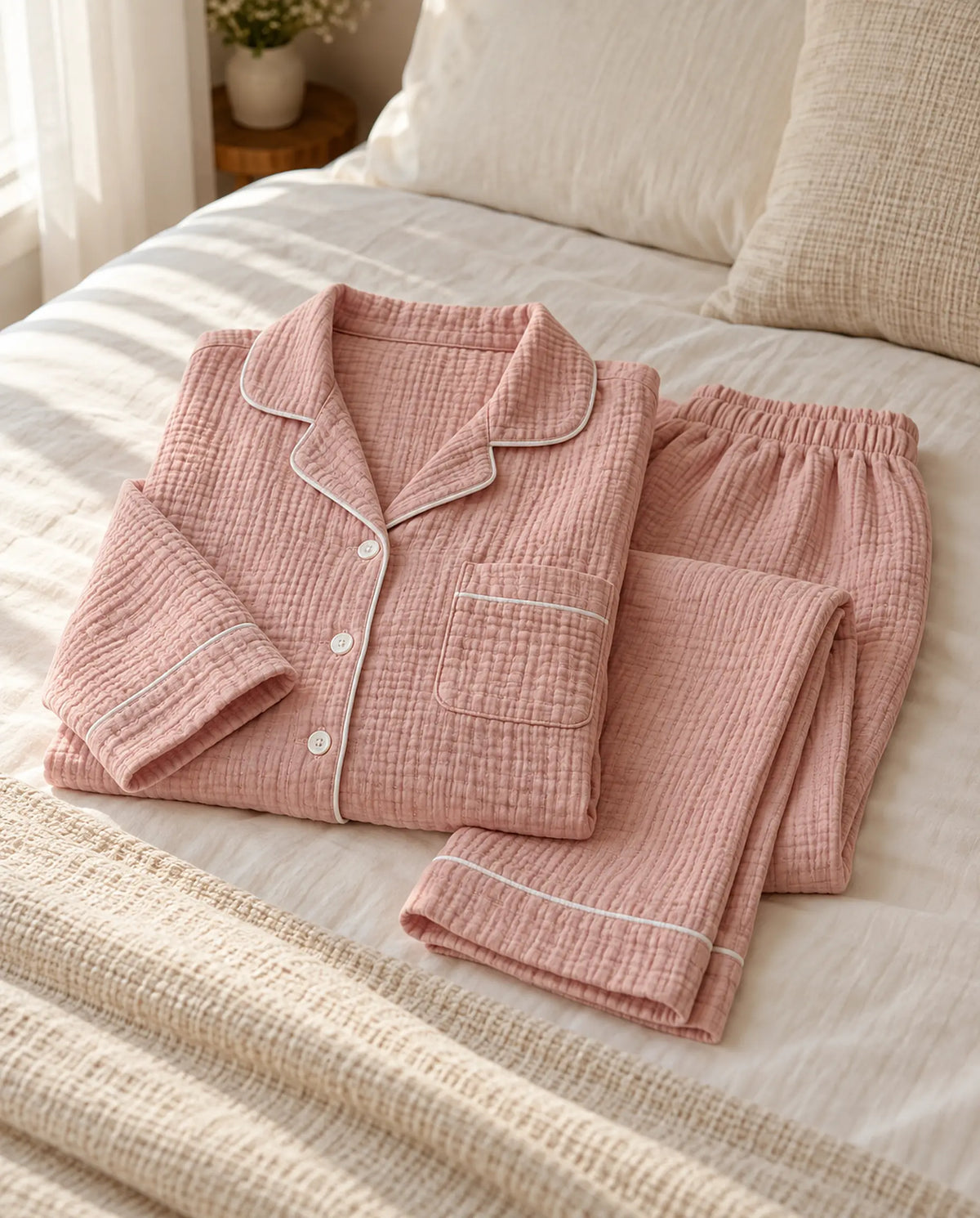 The Cherish Company — Full-Length Muslin Pajama Set with Long Sleeves in Pink