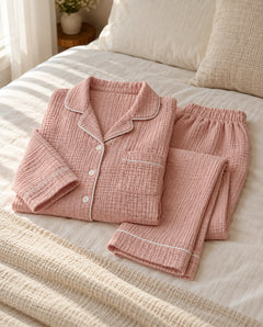 The Cherish Company — Full-Length Muslin Pajama Set with Long Sleeves in Pink