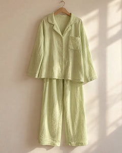 The Cherish Company — Full-Length Muslin Pajama Set with Long Sleeves in Lime Green