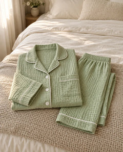 The Cherish Company — Full-Length Muslin Pajama Set with Long Sleeves in Lime Green