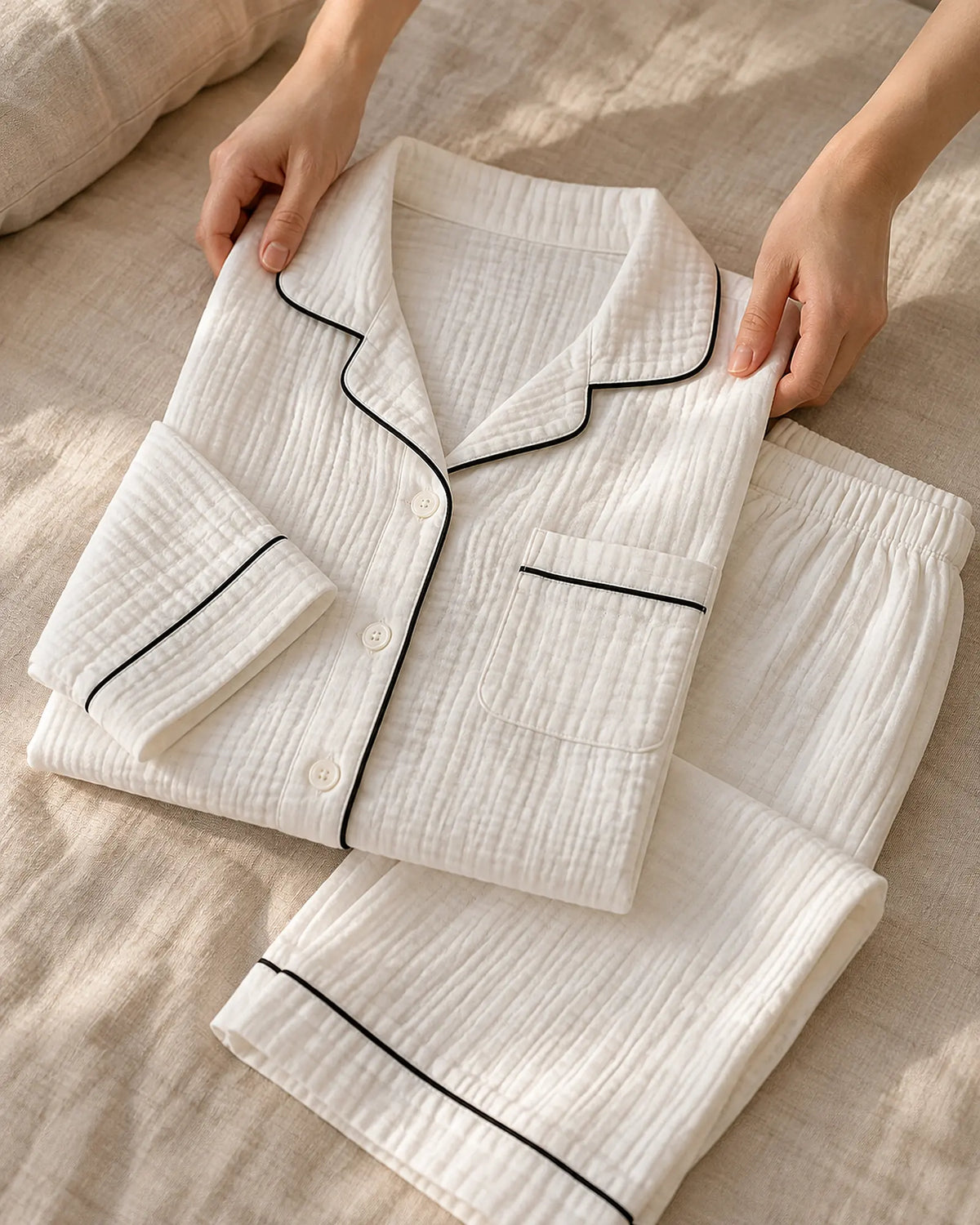 The Cherish Company — Full-Length Muslin Pajama Set with Long Sleeves in White