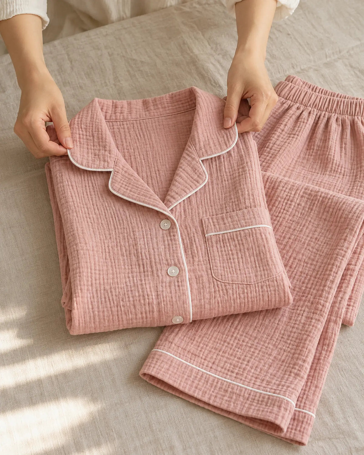 The Cherish Company — Full-Length Muslin Pajama Set with Long Sleeves in Pink