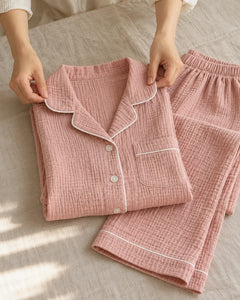 The Cherish Company — Full-Length Muslin Pajama Set with Long Sleeves in Pink