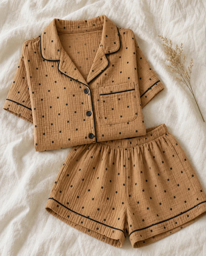 The Cherish Company — Polka Dot Muslin Lounge Pajamas in Brown