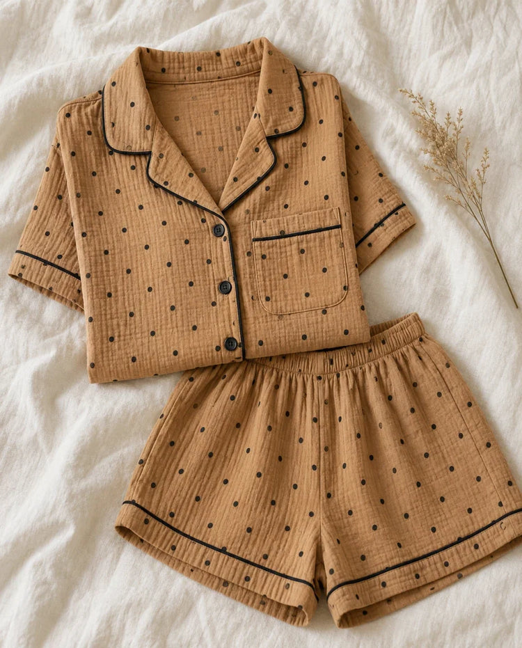The Cherish Company — Polka Dot Muslin Lounge Pajamas in Brown