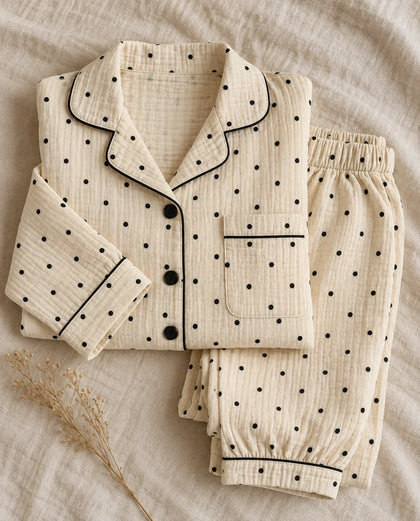 The Cherish Company — Polka Dot Muslin Lounge Pajamas in Cream