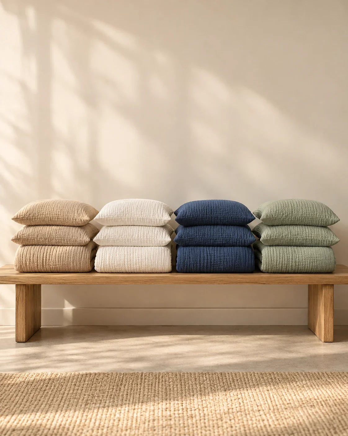 The Cherish Company — Double-Layer Muslin Fitted Sheet Set in Dune, White, Blue, Green