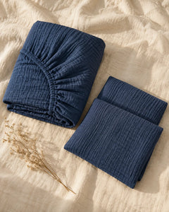 The Cherish Company — Double-Layer Muslin Fitted Sheet Set in Blue