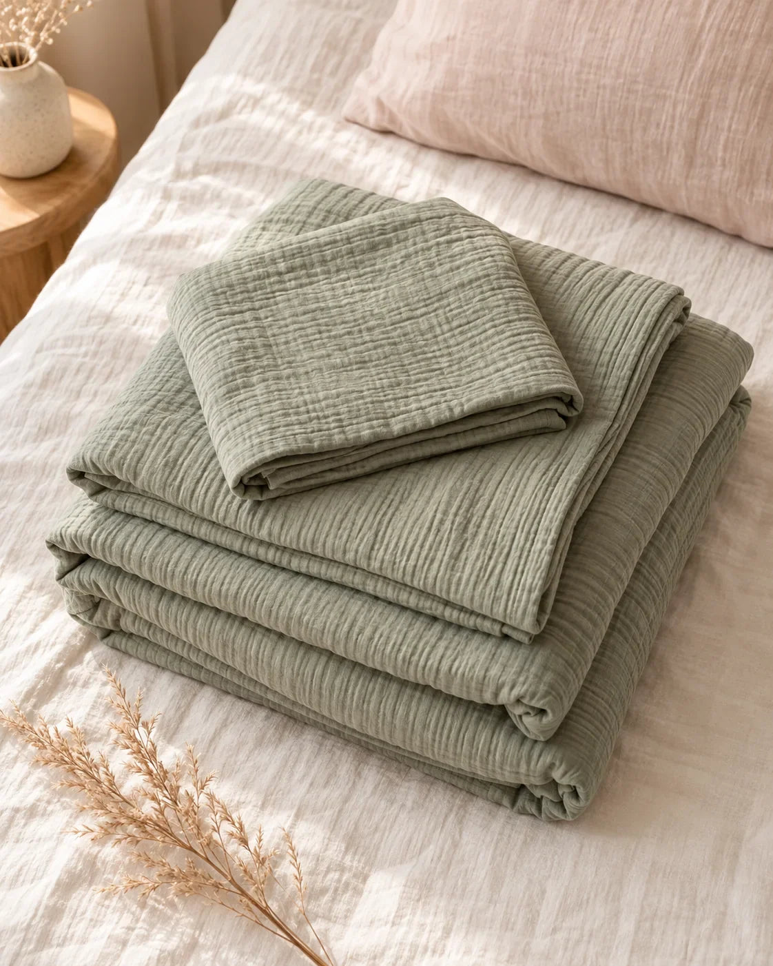 The Cherish Company — Double-Layer Muslin Fitted Sheet Set in Green