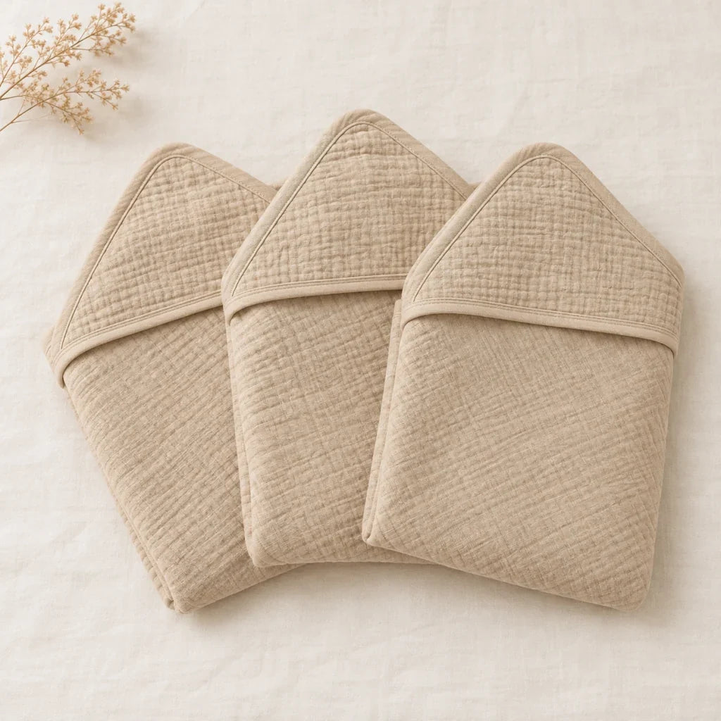 The Cherish Company — Baby Hooded Bath Towel in Quick-Dry Muslin in Dune