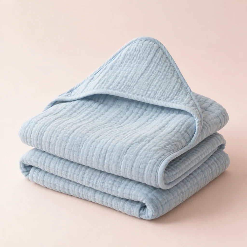 The Cherish Company — Baby Hooded Bath Towel in Quick-Dry Muslin in Lake Blue