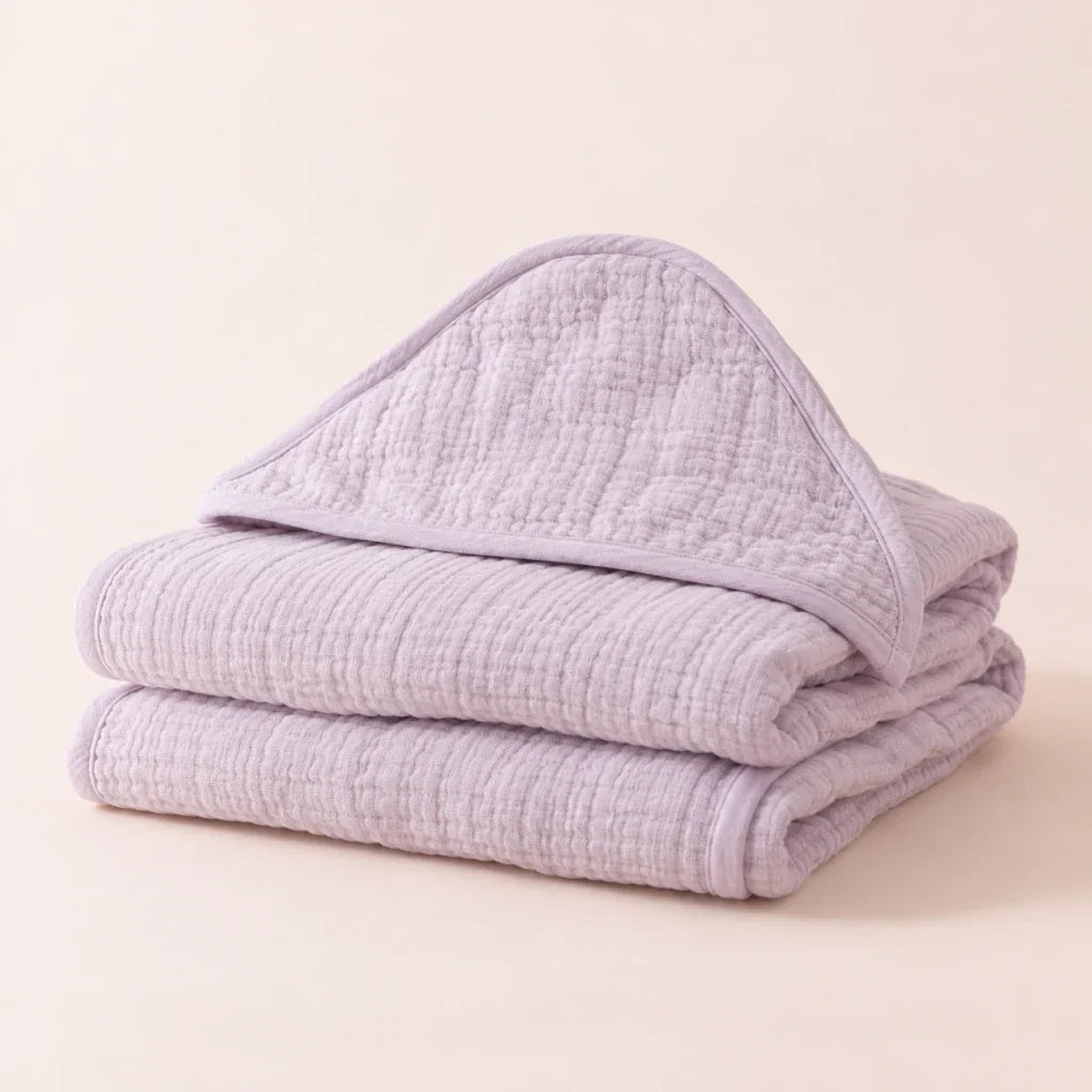 The Cherish Company — Baby Hooded Bath Towel in Quick-Dry Muslin in Light Purple