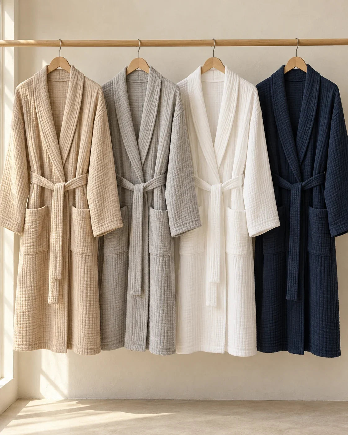The Cherish Company — Year-Round Muslin Cotton Bathrobe in Khaki, Light Grey, White, Blue
