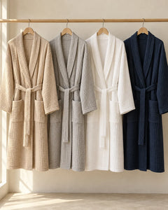 The Cherish Company — Year-Round Muslin Cotton Bathrobe in Khaki, Light Grey, White, Blue