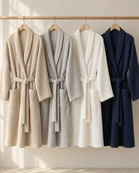 The Cherish Company — Quick-Dry Absorbent Muslin Robe in Khaki, Light Grey, White, Blue