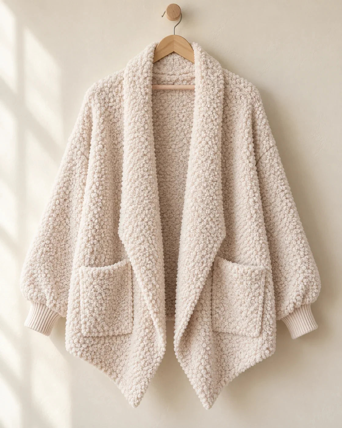 The Cherish Company — Oversized Bouclé Shawl-Collar Cardigan in Beige