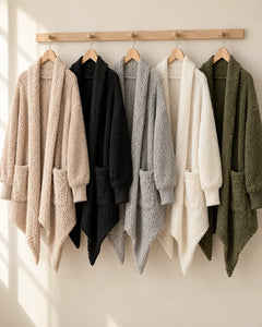 The Cherish Company — Oversized Bouclé Shawl-Collar Cardigan in Beige, Black, Light Grey, White, Olive green