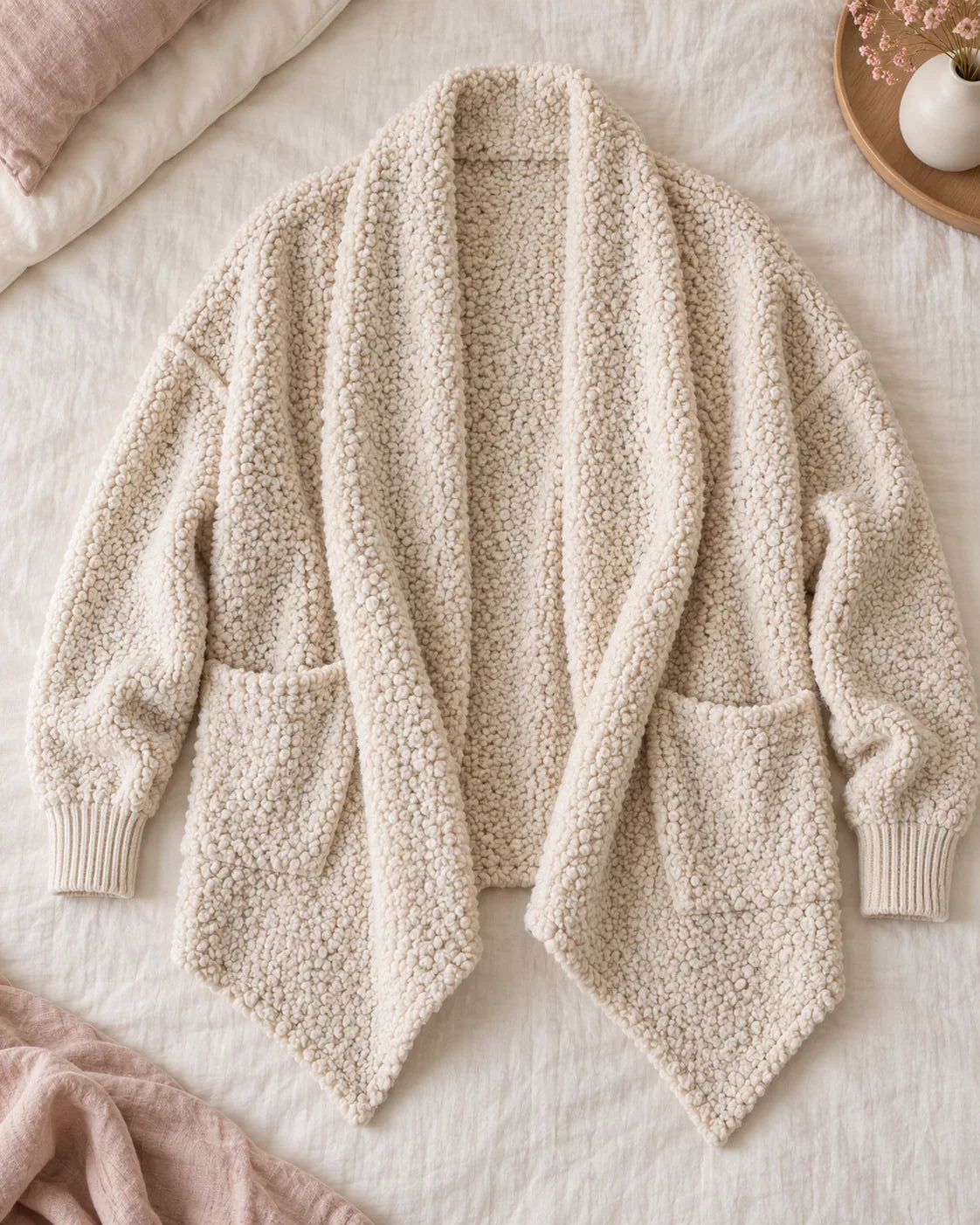 The Cherish Company — Oversized Bouclé Shawl-Collar Cardigan in Beige