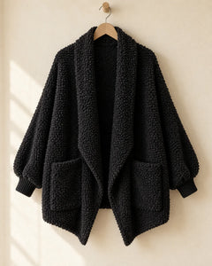 The Cherish Company — Oversized Bouclé Shawl-Collar Cardigan in Black