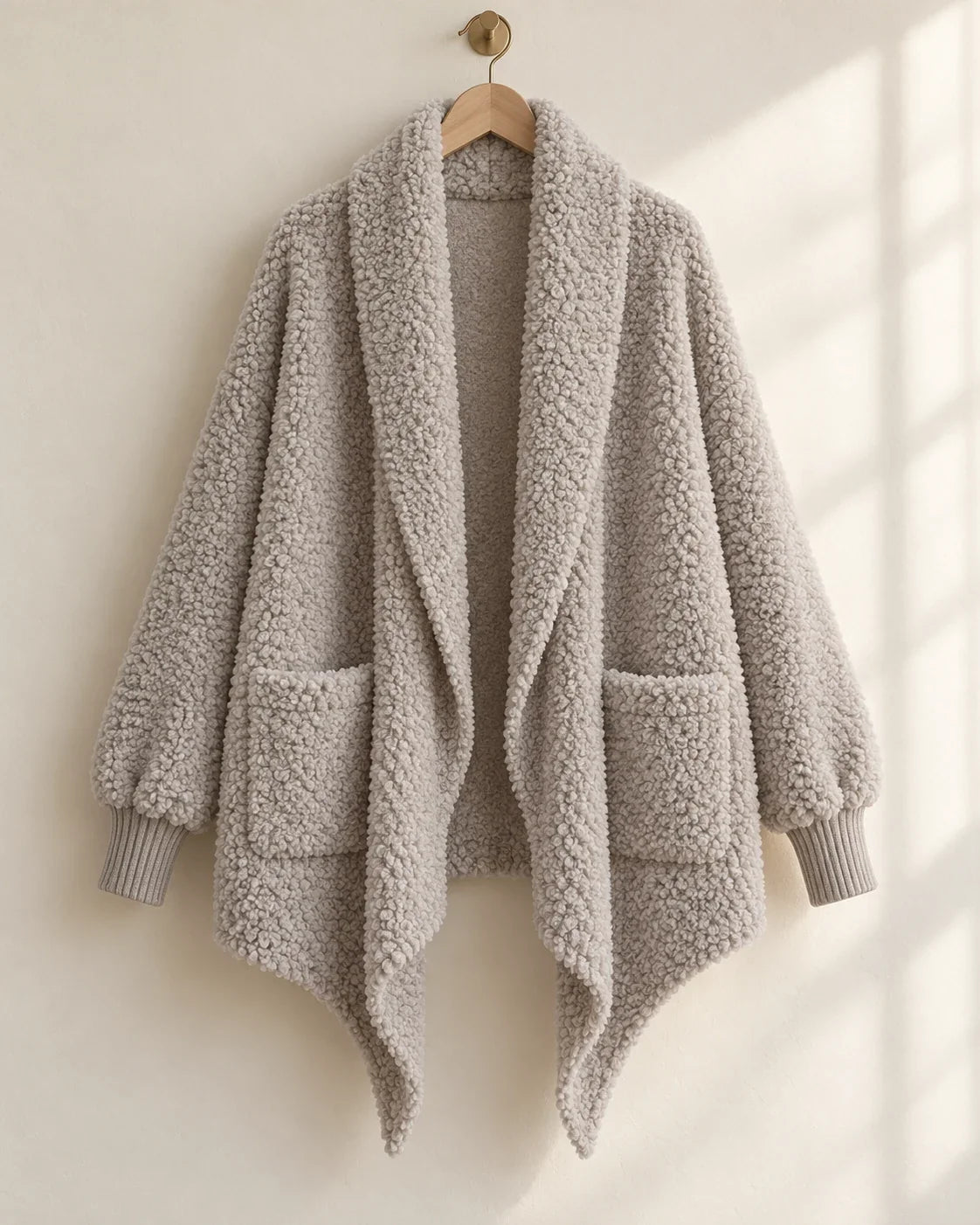 The Cherish Company — Oversized Bouclé Shawl-Collar Cardigan in Light Grey