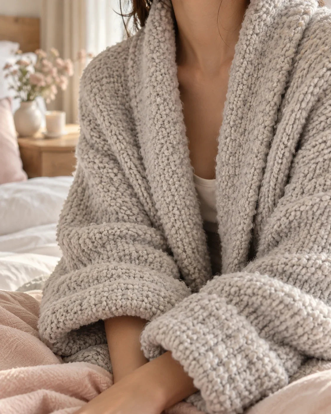 The Cherish Company — Oversized Bouclé Shawl-Collar Cardigan in Light Grey