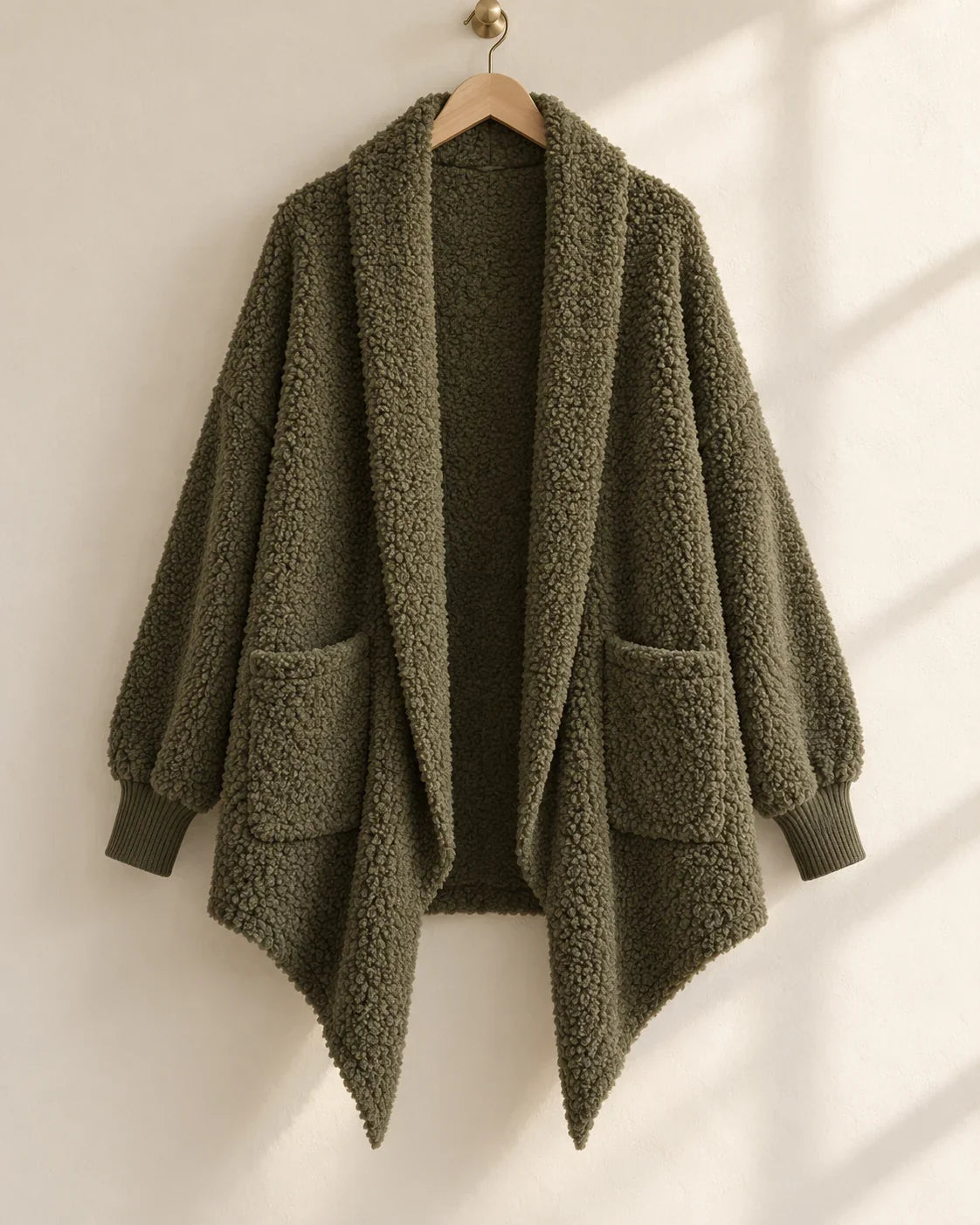 The Cherish Company — Oversized Bouclé Shawl-Collar Cardigan in Olive green